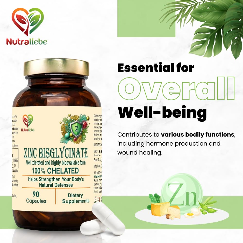 Nutraliebe Zinc Bisglycinate â€“ High Absorption Zinc for Immune Support, Skin Health, and Cellular Function â€“ 90 Capsules