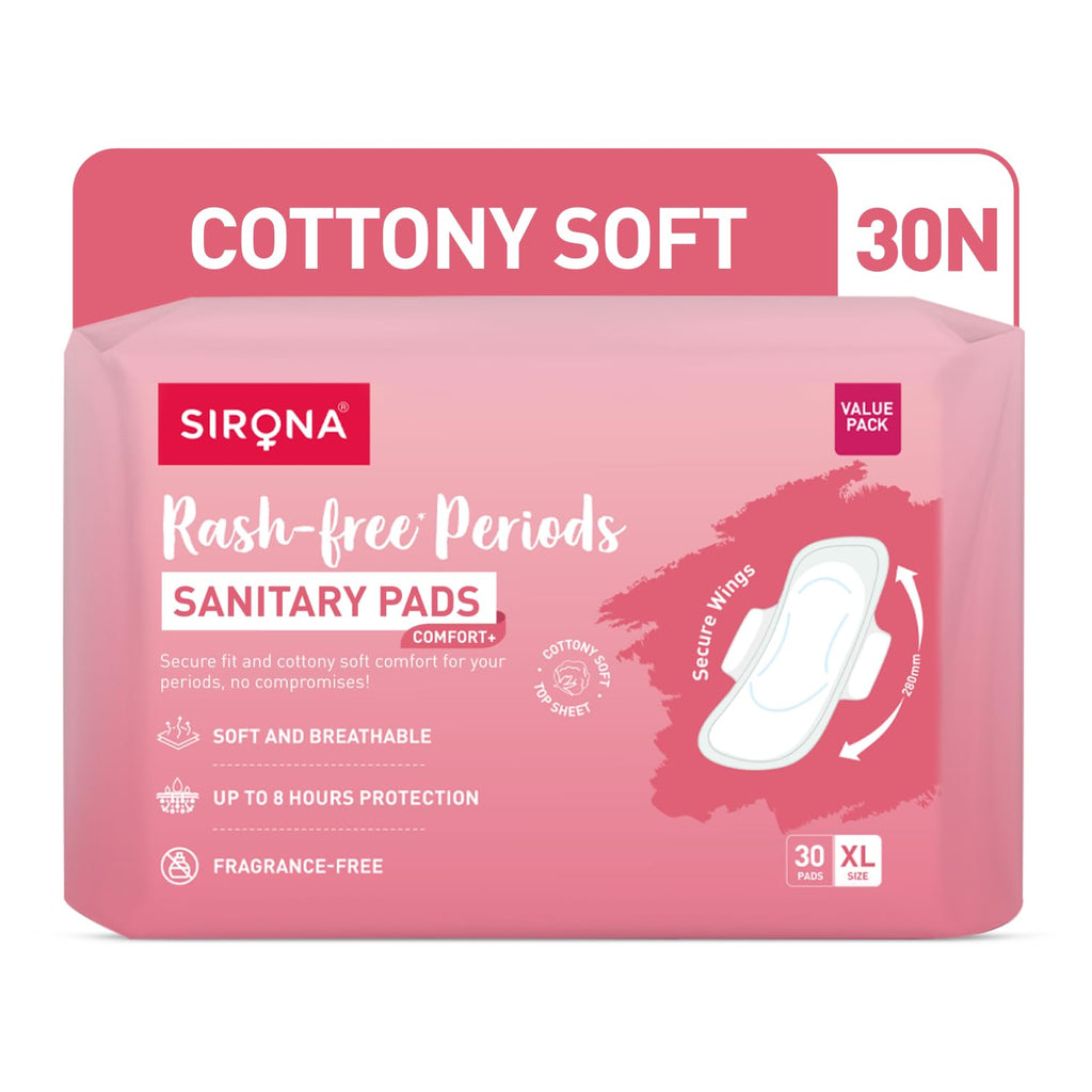Sirona Sanitary Pads for Women - XL (Pack of 30) | Pad for Rashfree Periods | Cottony Soft & Breathable Napkins For Ultra Comfort | Upto 8 Hrs Leak-Proof Protection