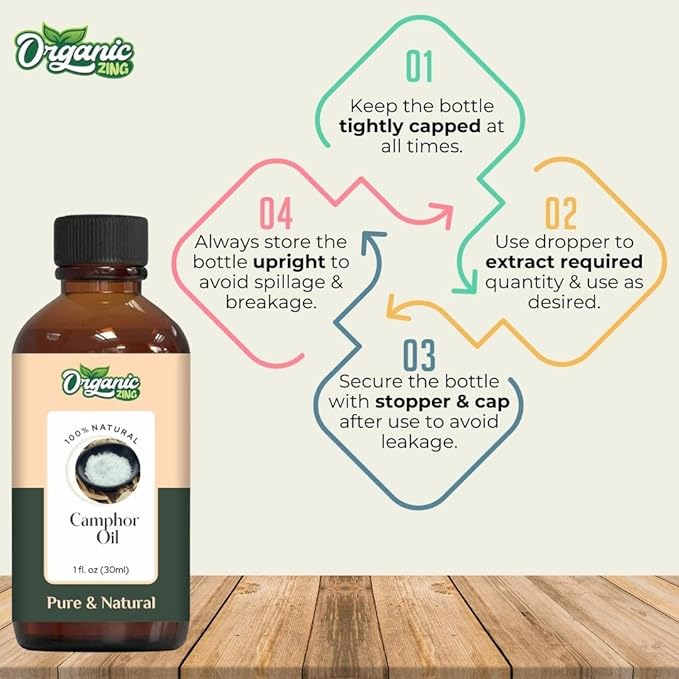 Organic Zing Camphor Essential Oil for Skin, Face, Hair Care, Aromatherapy & Massage - 30 Ml