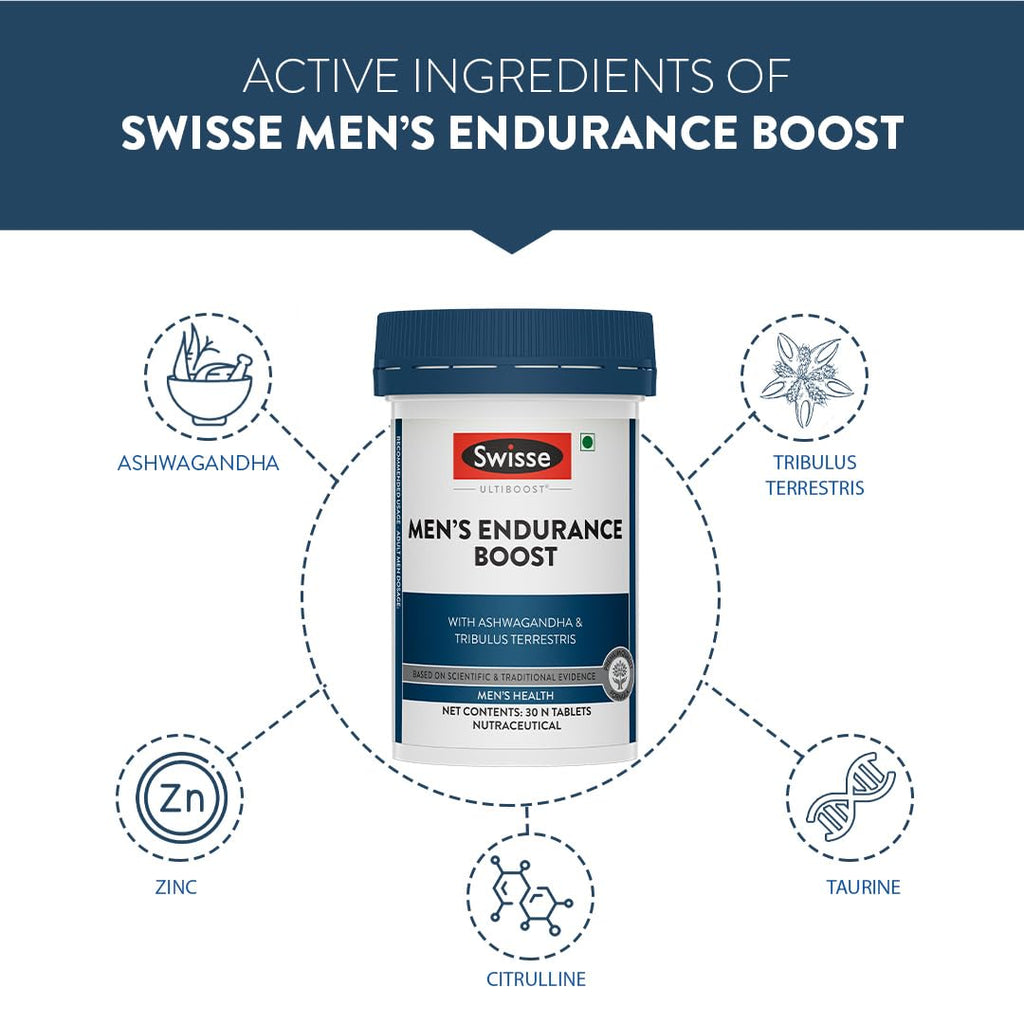 Swisse Menâ€™s Endurance Boost with 150mg Ashwagandha, 80mg Tribulus Terrestris (Gokshura) & Taurine for Performance Boost - Manufactured in Australia - Boosts Strength & Performance (30 Tablets)