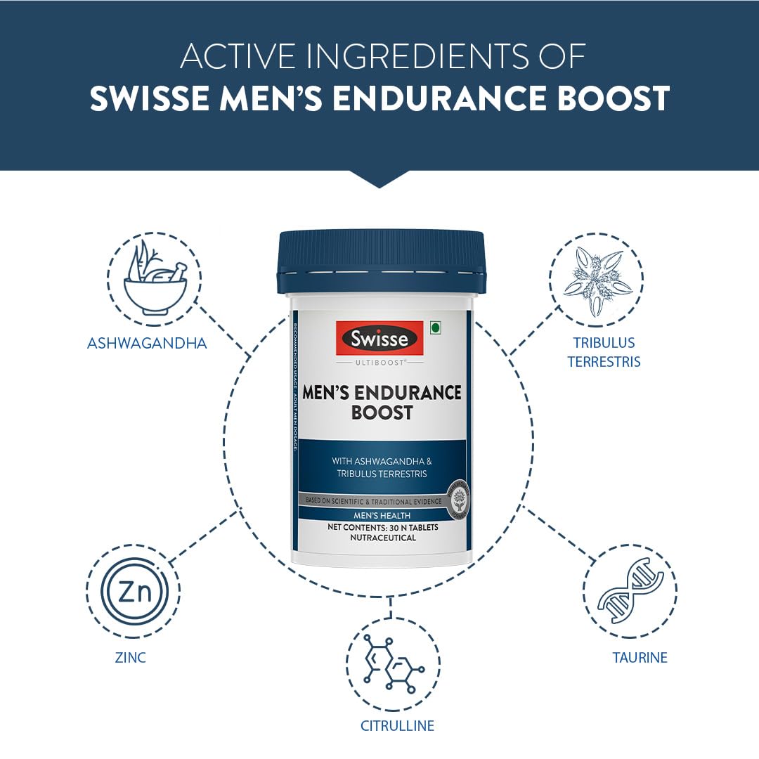 Swisse Menâ€™s Endurance Boost with 150mg Ashwagandha, 80mg Tribulus Terrestris (Gokshura) & Taurine for Performance Boost - Manufactured in Australia - Boosts Strength & Performance (30 Tablets)