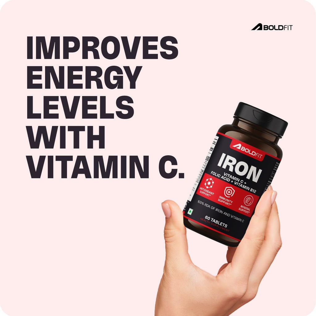 Boldfit Iron Supplement for Women & Men Iron Bisglycinate with Vitamin C Folic Acid & Vitamin B12 Gentle on Stomach,Non-Constipating Tablets - 60 Count