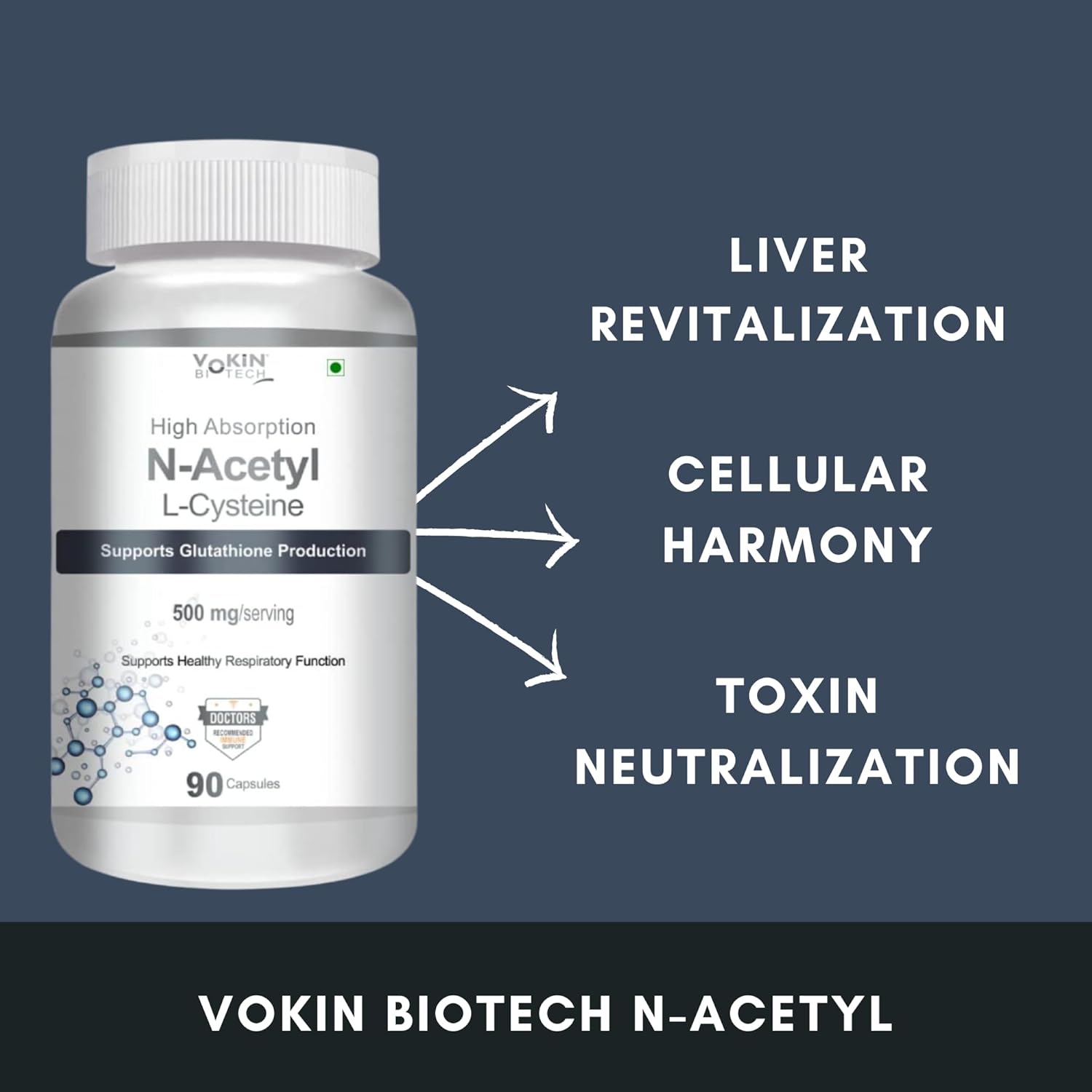 Vokin Biotech N-Acetyl L-Cysteine (NAC) â€“ Supports Healthy Respiratory Function- 500mg â€“ 90 Capsules