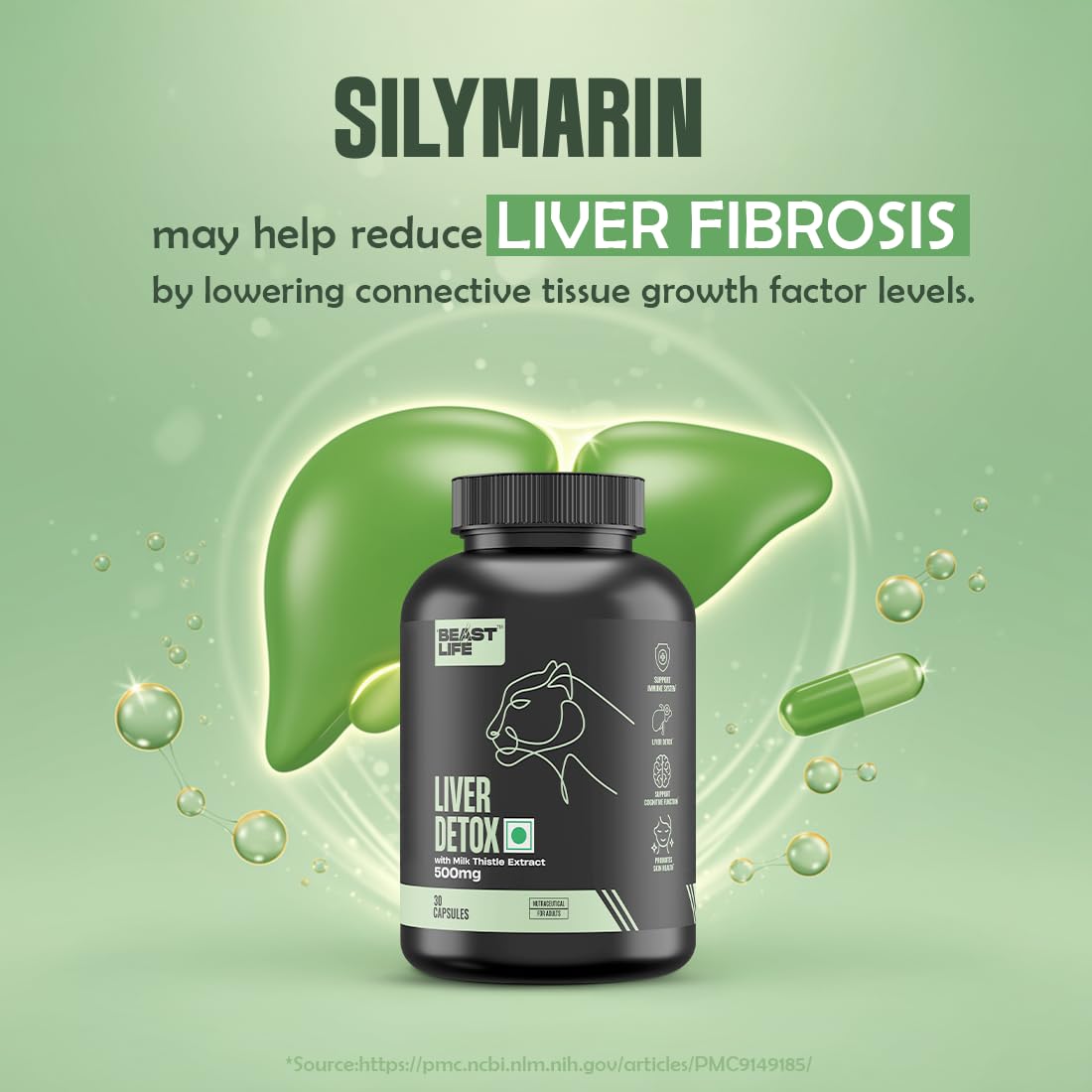 BeastLife Liver Detox with Pure Milk Thistle (80% Silymarin) Extract | Added Multivitamin & Amino Acid with Natural Detoxification Formula | Liver Support Supplement | 30 Veg Capsules