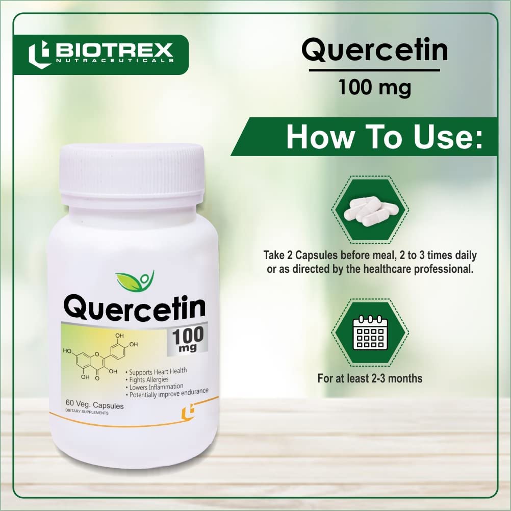 Biotrex Nutraceuticals Quercetin 100mg | Supports Energy, Brain & Heart Health | Antioxidant | Cardiovascular & Respiratory Health â€“ 60 Veg Capsules