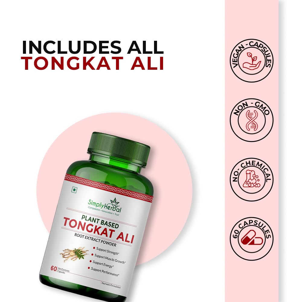 Simply Herbal Tongkat Ali root extract powder 1000mg | Enhanced testosterone level, Stamina and Stress tolerance 60 Veg Capsules