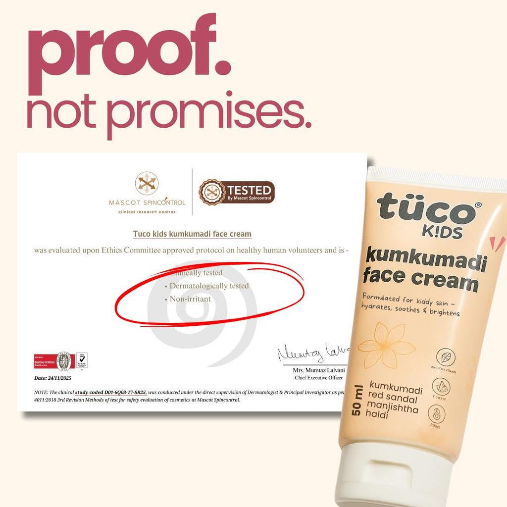 TucoÂ® Kids Kumkumadi Face Cream | Lightweight, Non Greasy & Fast Absorbing | Infused with Kumkumadi, Red Sandal Majistha & Turmeric | Fights Tan, Brighten Skin & Reduce Dull Spots | SLS & Paraben Free | Safe for Baby-50gm