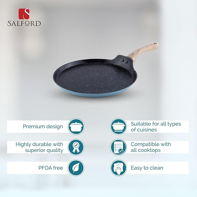 Salford by Ucook Forged Non-stick Tawa With Soft Touch Wooden Handle, Induction & Gas Ready | Black Spatter Dusty Blue | 280mm