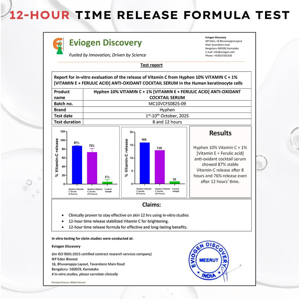 Hyphen 10% Vitamin C, 1% Vitamin E & Ferulic Acid Serum| Clinically Tested to Brighten, Treat Dark Spots & Pigmentation | 12Hr Slow Release Formula| Non-Irritating, Suitable for Sensitive Skin â€“ 20ml