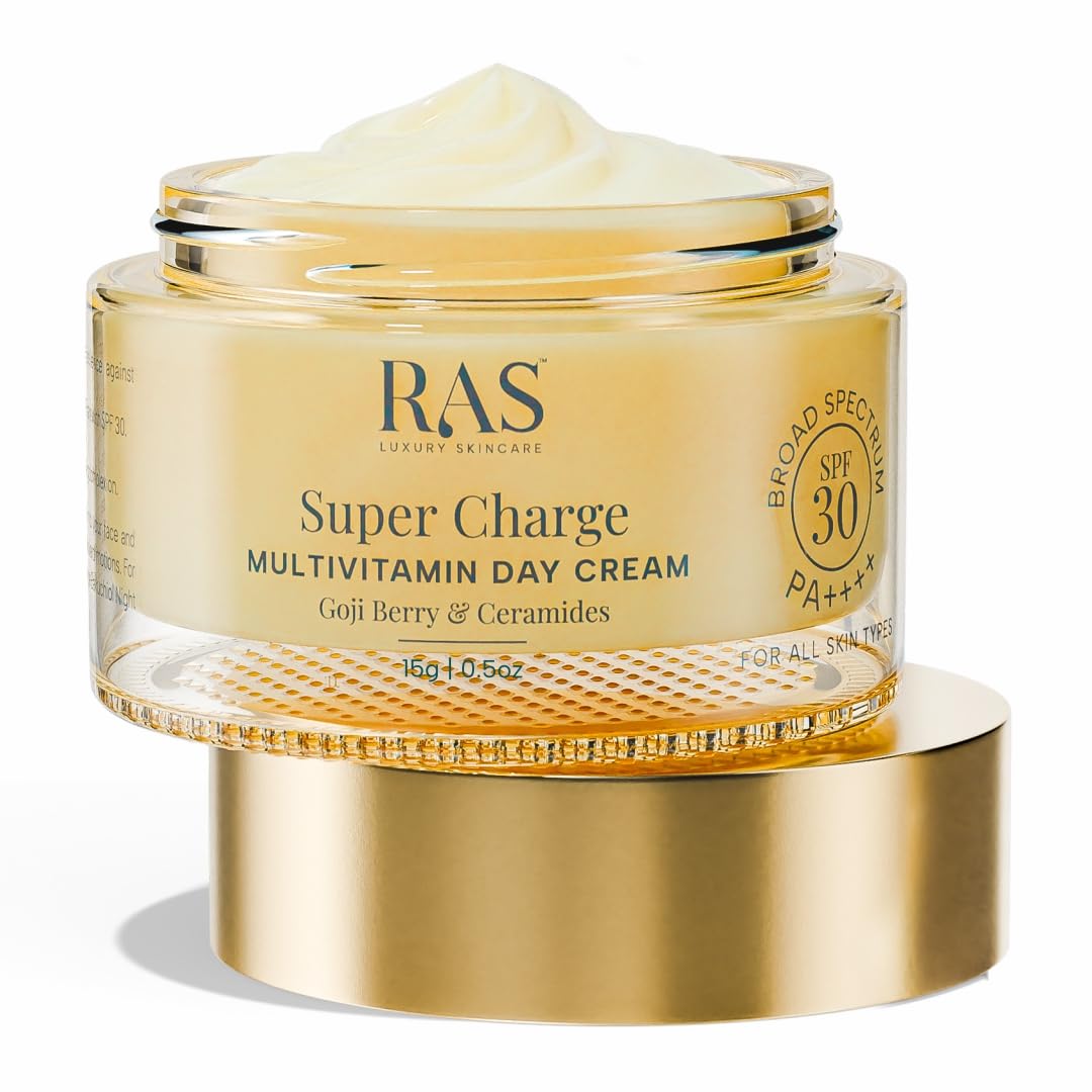Ras Luxury Oils Super Charge Day Cream with Multivitamin SPF 30 PA++++ Goji Berry & Ceramides | Moisturizer for Glowing Skin with 72HR Hydration | Protection from UVA & UVB | Luxury Skincare