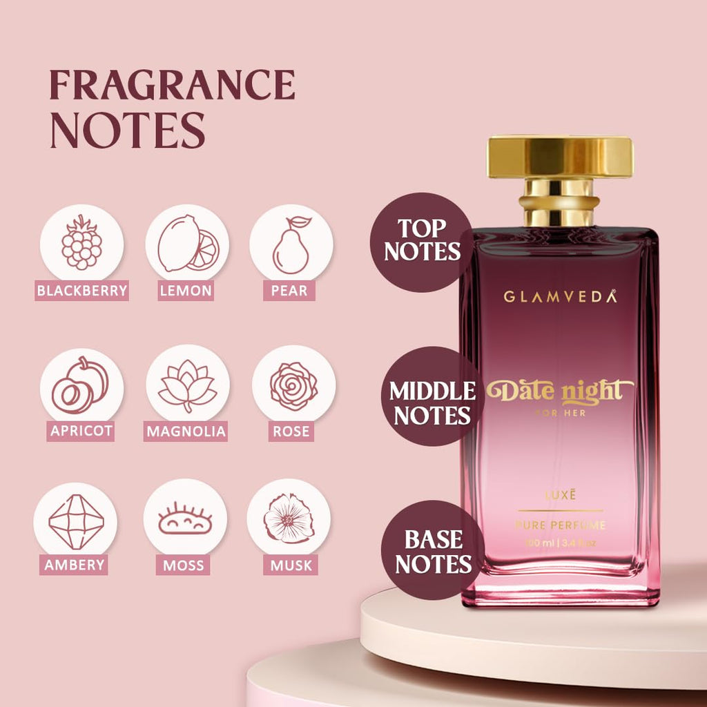 Glamveda Luxury Date Night Long Lasting | Perfume for Woman 100ml | Gifts for Woman | with Blackberry, Pear, Rose, Musk | Floral & Fruity Premium Perfume for Women