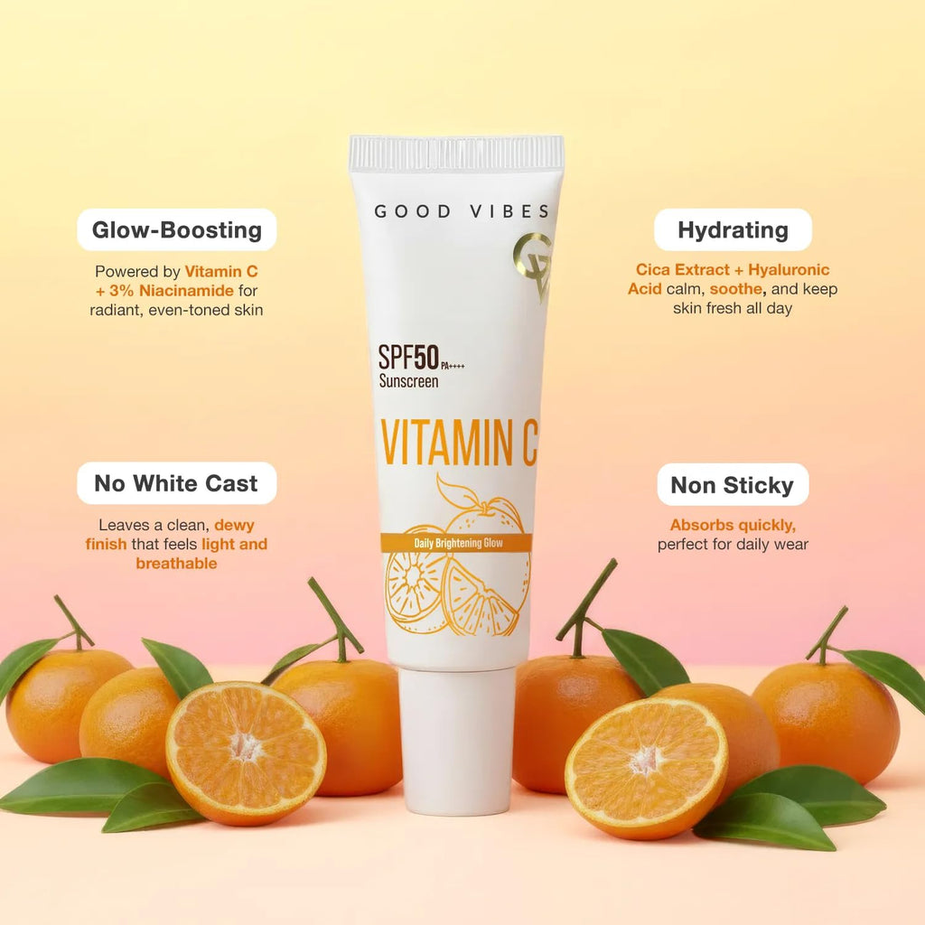 Good Vibes Vitamin C SPF 50 PA++++ Sunscreen | Brightening & Hydrating | 3% Niacinamide + Hyaluronic Acid | No White Cast, Lightweight & Non-Sticky | Daily Glow Sun Protection For All Skin Types â€“ 50 gm