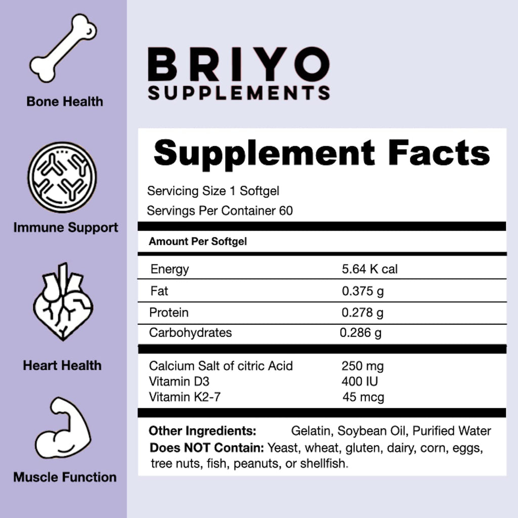 Briyosis Orthomax - Vitamin D3 & K2-M7 + Calcium Dietary Supplement for Bone Health, Stronger Bones, Teeth, Muscles & Immunity Calcium Supplement Absorption