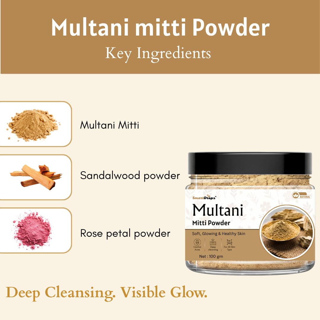 Smartdrops Multani Mitti Powder for Face | MultaniMitti Powder | face Multani Mitti Powder | Multani - Mitti powder for FacePack | Smoothening Face, Skin and Hair - 100g (Pack 1)