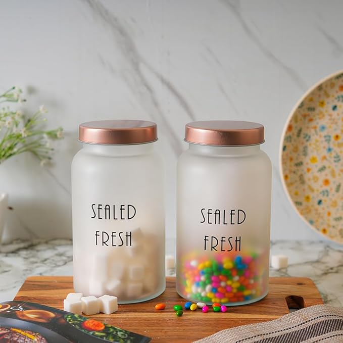 Femora Kitchen Storage Jars Frosted Glass Jar With Steel Lid Air Tight Jar | 1500 Ml | Pack of 1 | Golden Lid