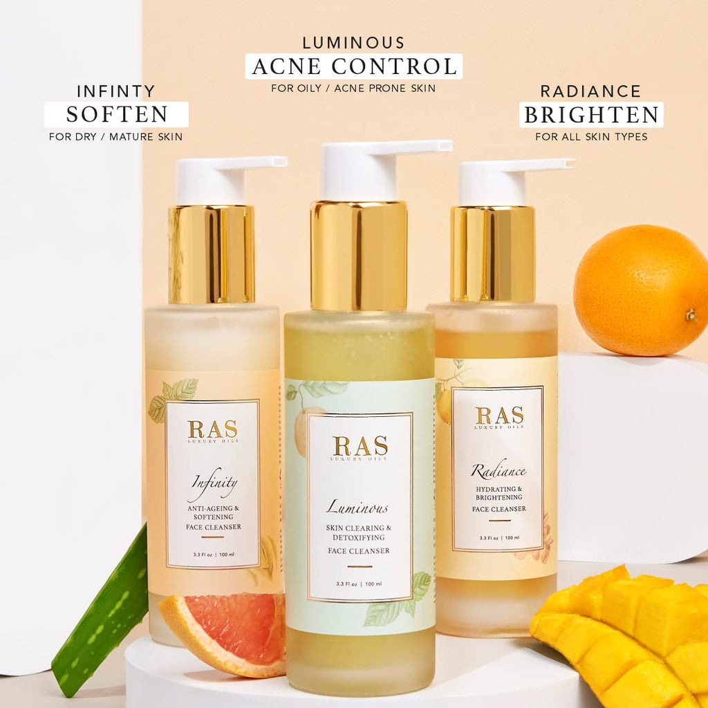 RAS Luxury Oils Luminous Skin Clearing Face Cleanser | Face wash With Willow Bark, Grapefruit & Tea Tree | Detoxify Skin From Impurities| for oily acne-prone skin, 100ml