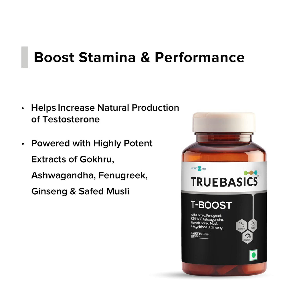 TrueBasics T-Boost,Testosterone Supplement For Men|With Ksm 66 Ashwagandha,Safed Musli,Gokshura,& Ginseng|For Energy,Stamina & Muscle Strength,1 Count,120 Capsules