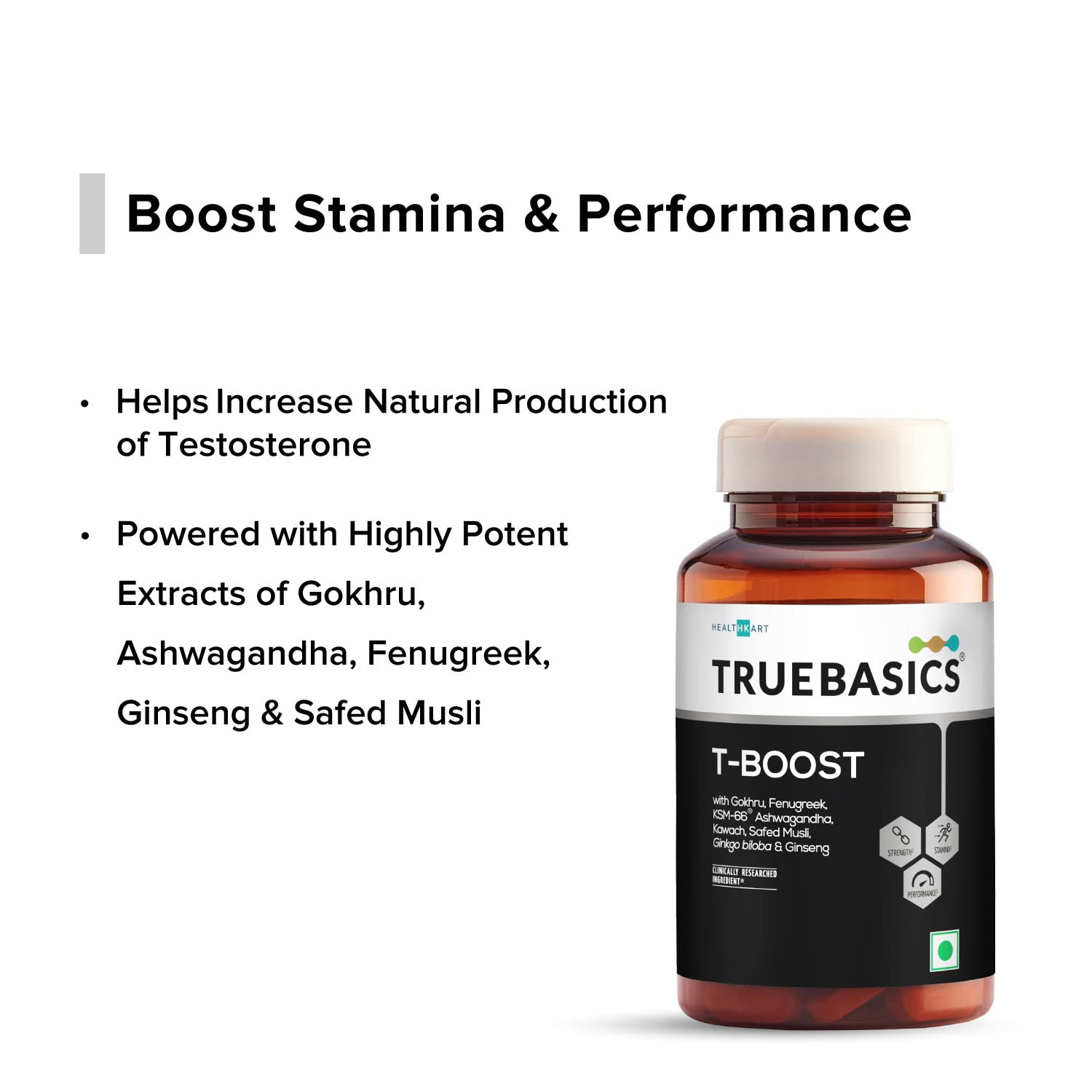 TrueBasics T-Boost,Testosterone Supplement For Men|With Ksm 66 Ashwagandha,Safed Musli,Gokshura,& Ginseng|For Energy,Stamina & Muscle Strength,1 Count,120 Capsules