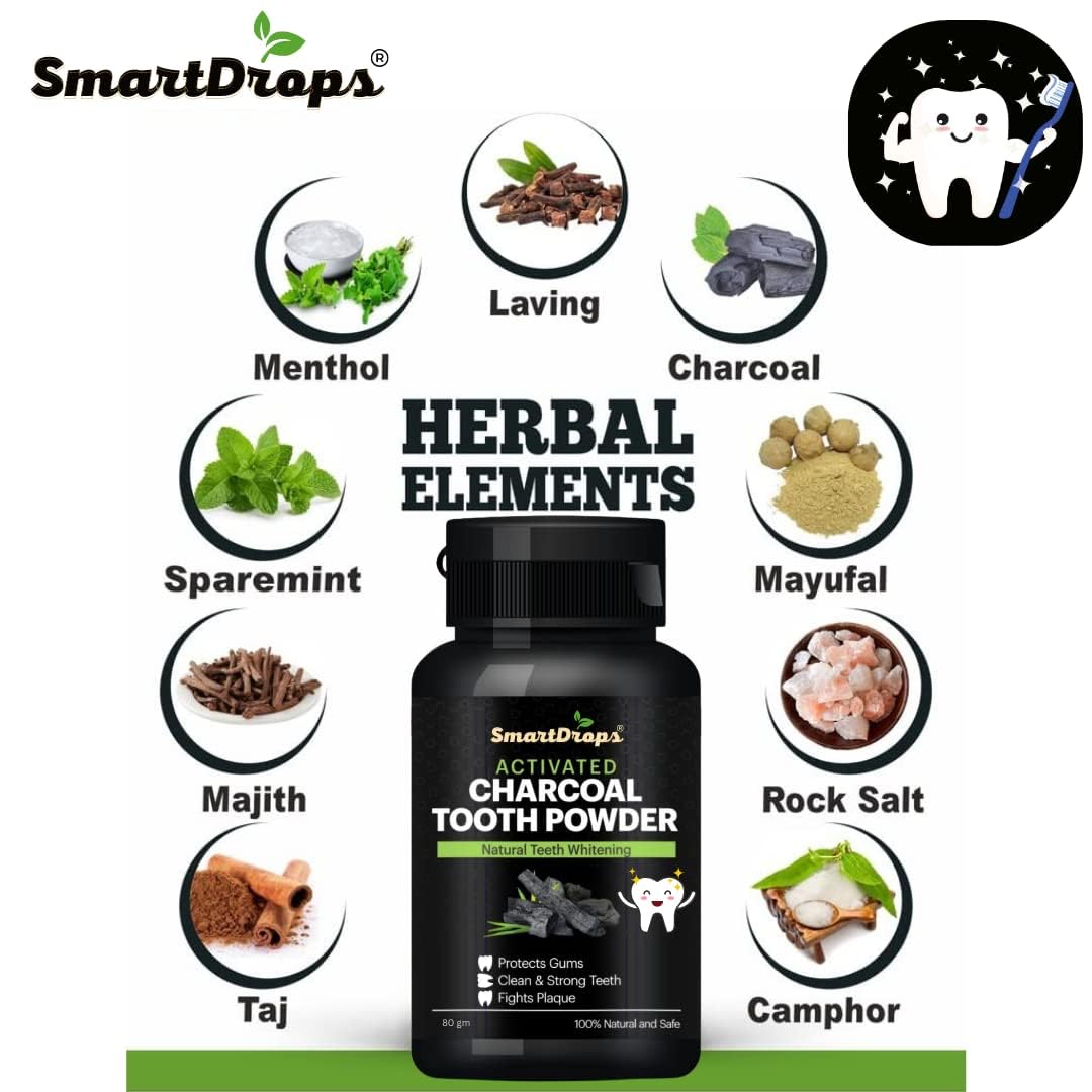 Smartdrops Activated Charcoal Teeth Whitening Powder Suitable For All types Teeth - 80 gm