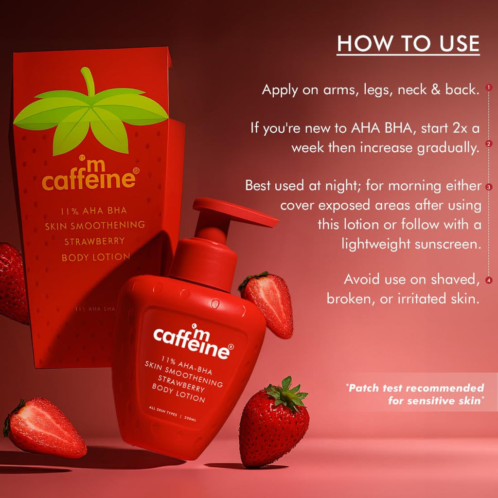 mCaffeine 11% AHA BHA Strawberry Body Lotion for Skin Smoothening | Gently Exfoliates Dead, Dry, Even Tones Skin | 72hr Moisturization | Juicy Strawberry Scent, For Men & Women-200ml