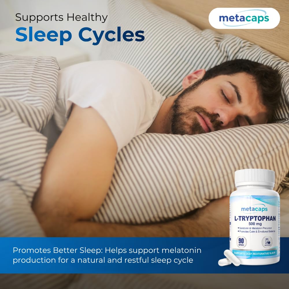 MetaCaps Pure L-Tryptophan 500mg – 90 Veg Capsules | Essential Amino Acid for Serotonin & Melatonin Support | Natural Sleep Aid & Mood Regulator | Supports Relaxation & Stress Relief | Non-GMO & Vegan
