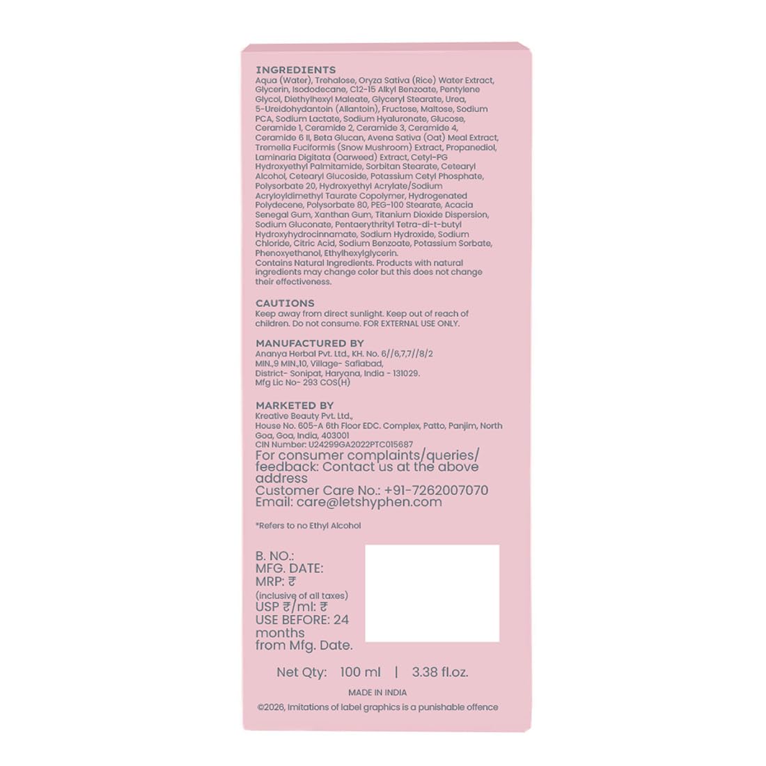 Hyphen 7% Ceramides-NMF Milky Face Toner Essence | 5% Glass Skin Blend of Rice Water, Oatmeal & Snow Mushroom Extracts |Hydrates & Nourishes| Alcohol Free Toner| For All Skin Types - 100ml
