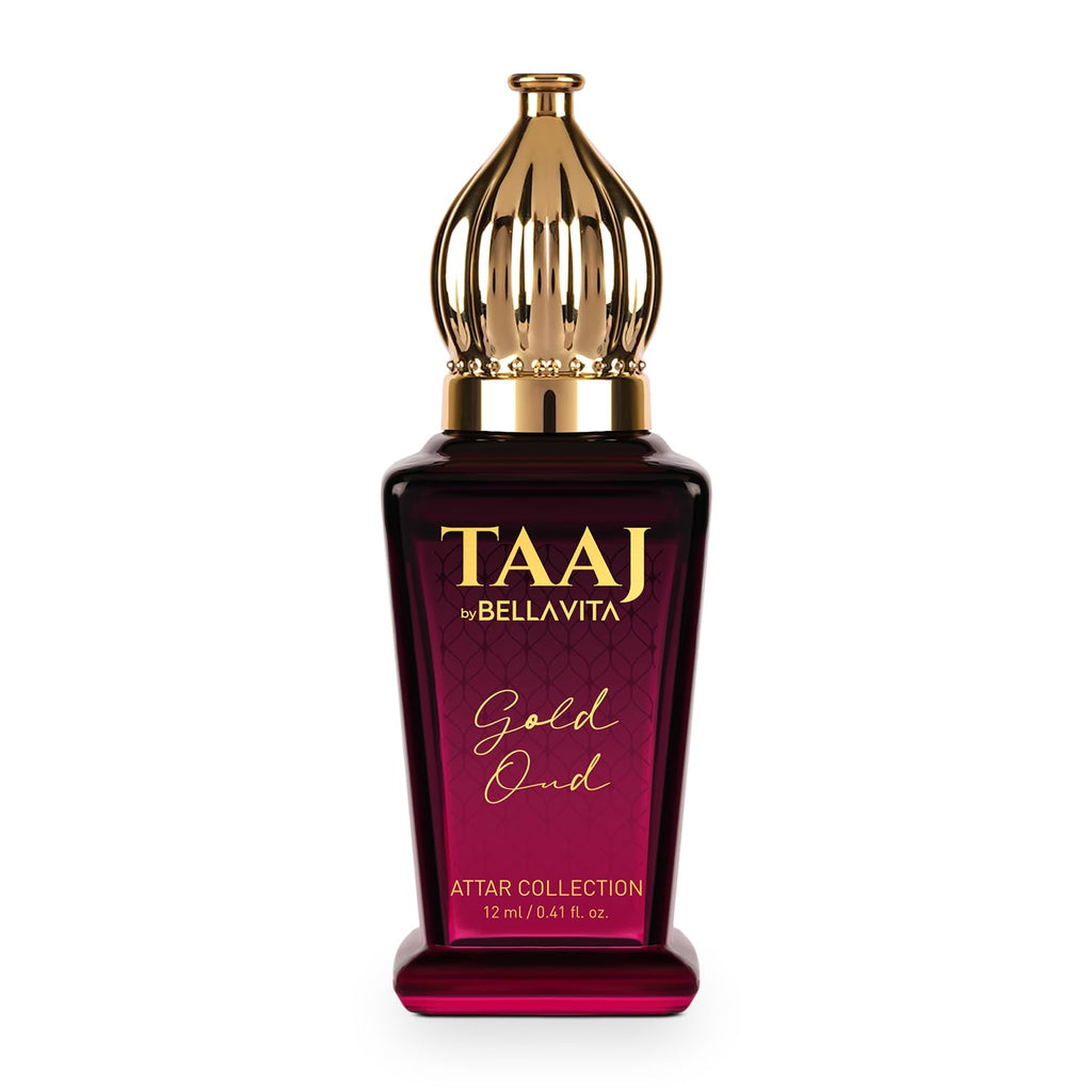 BELLAVITA TAAJ Gold Oud Unisex Long Lasting Attar for Man and Woman 12ml | Caramel, Rose, Jasmine and Orris | Non-Alcoholic Roll On | Ideal Gift for Men and Women