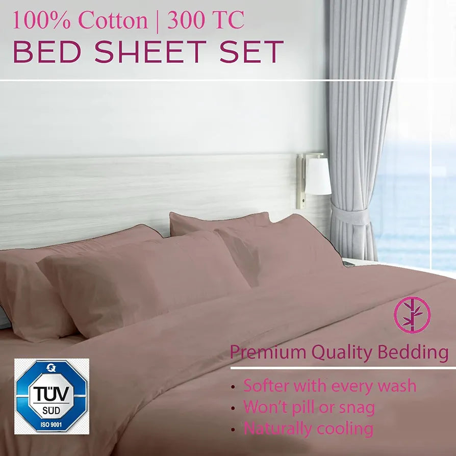 Trance Home Linen Premium 300 TC Pure 100% Cotton King Fitted Bedsheet with 2 Pillow Printed Covers Colour Blush