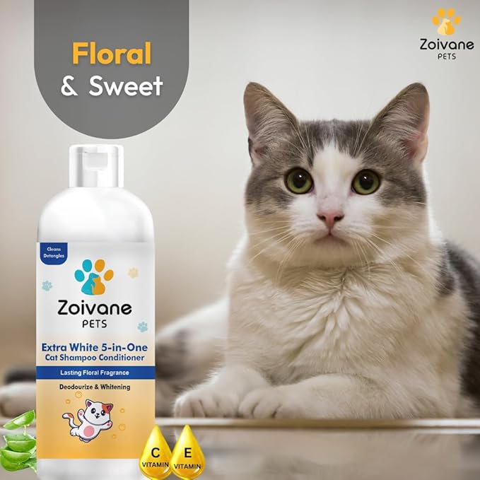 Zoivane 5 in 1 Extra White Cat Shampoo With Conditioner 500 Ml | Reduces Hair Fall | Enhances Coat Brightness | Pack of 2