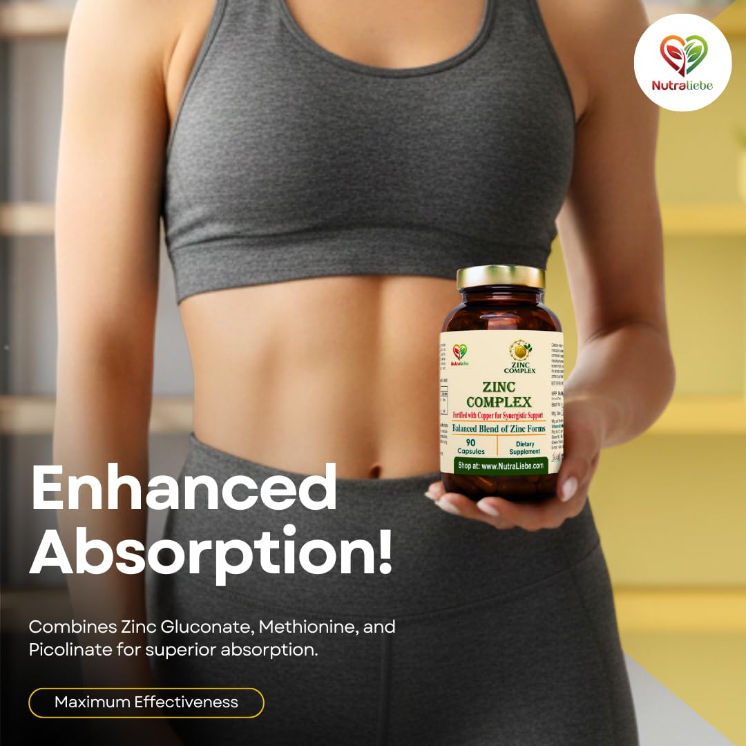 Nutraliebe Zinc Complex with Copper – High Absorption Zinc Gluconate, Methionine & Picolinate – Balanced Mineral Support for Immune Health, Skin, Hair & Cellular Function – 90 Vegetarian Capsules