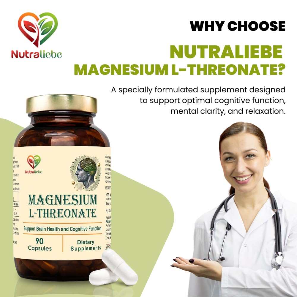Nutraliebe Magnesium L-Threonate, 90 Capsules, Brain Health, Cognitive Support, Promotes Relaxation & Focus, High Absorption Formula