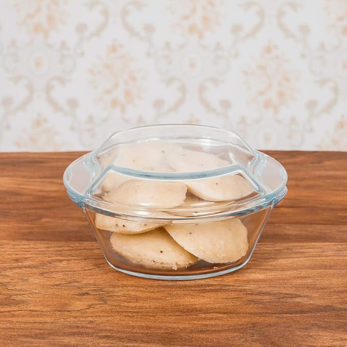 Femora Borosilicate Serving Bowl | Glass Casserole Set, Glass Bowl With Lid, Microwave Safe Bowl Set | Pack of 1 | 1500 Ml