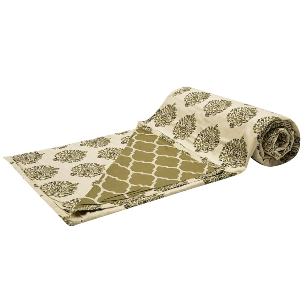 Trance Home Linen 150 GSM Pure Cotton Reversible Dohar Single Bed Size AC Blanket Comforter Soft Light-Weight Bed Blanket 56 x 88 inch Colour Damask Forest Green