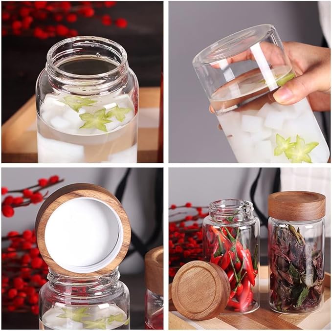 Femora Borosilicate Glass Screw Jar With Wooden Lid | 550 Ml | Set of 2 | Brown