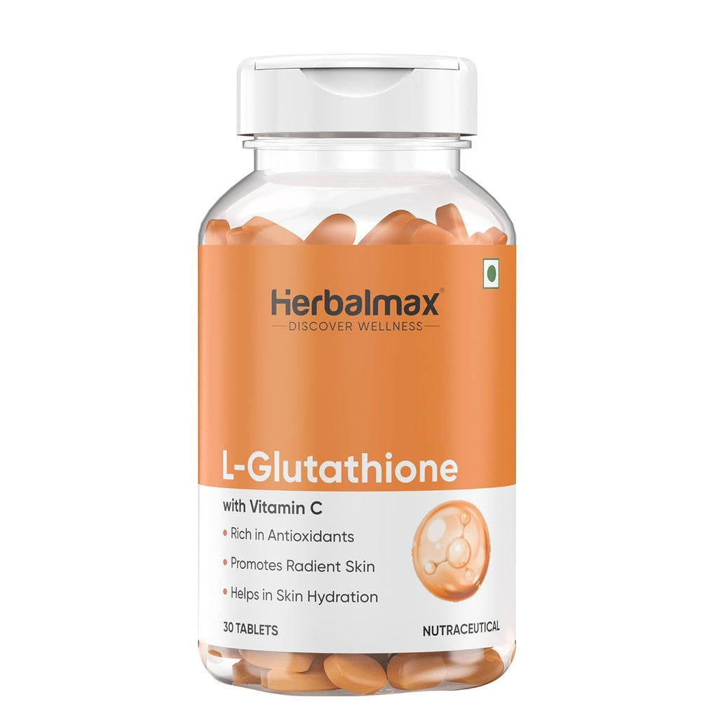 Herbalmax L-Glutathione Tablets with Vitamin C Skin Whitening, Brightening & Radiance Powerful Antioxidant & Immunity Booster Natural Detox Support 30 Tablets