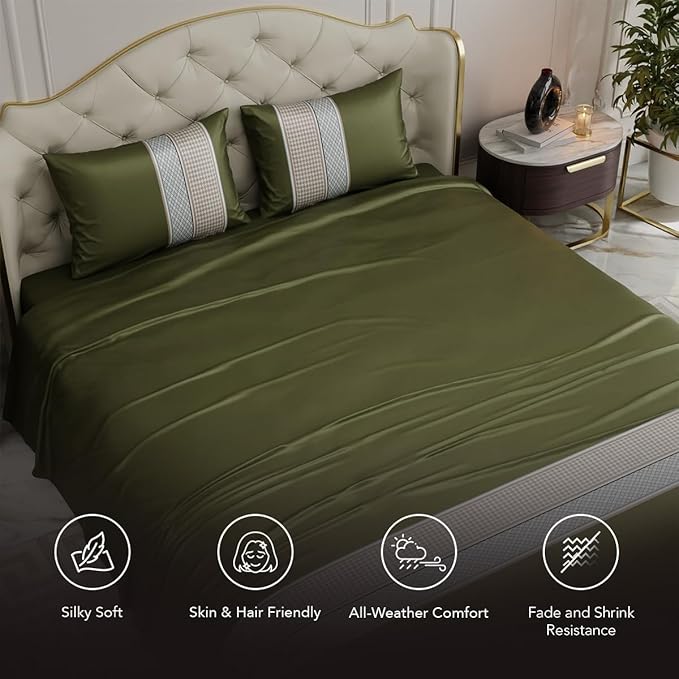 Stoa Paris Bedsheets For Double Size Bed, Satin 300 Threadcount Bedsheet Set Colour Palace Gardens-Olive