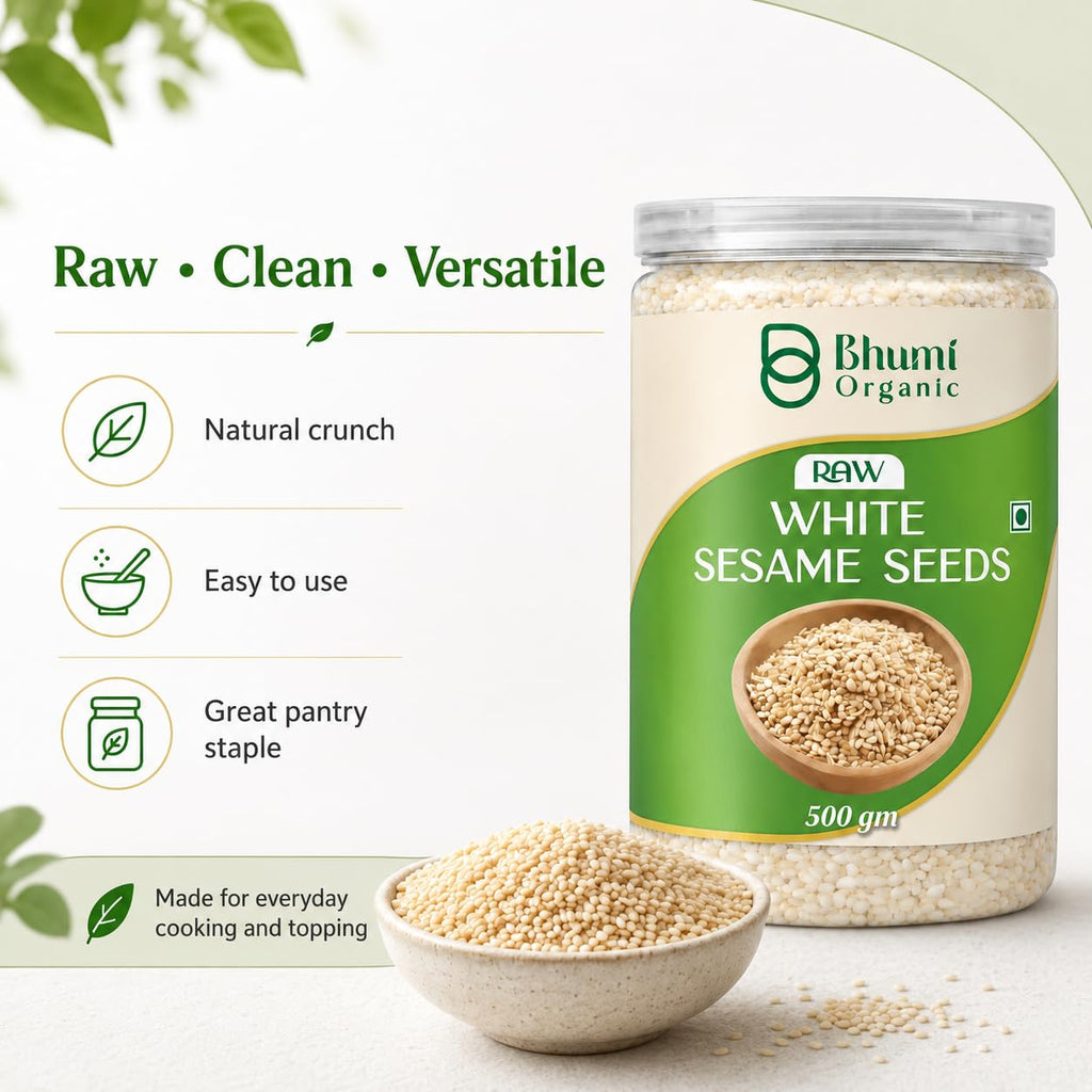 Bhumi Organic Raw White Sesame Seeds 500gm | 100% Clean and Natural White Til, Safed Til Seeds for Eating, Non-GMO, Antioxidant Rich
