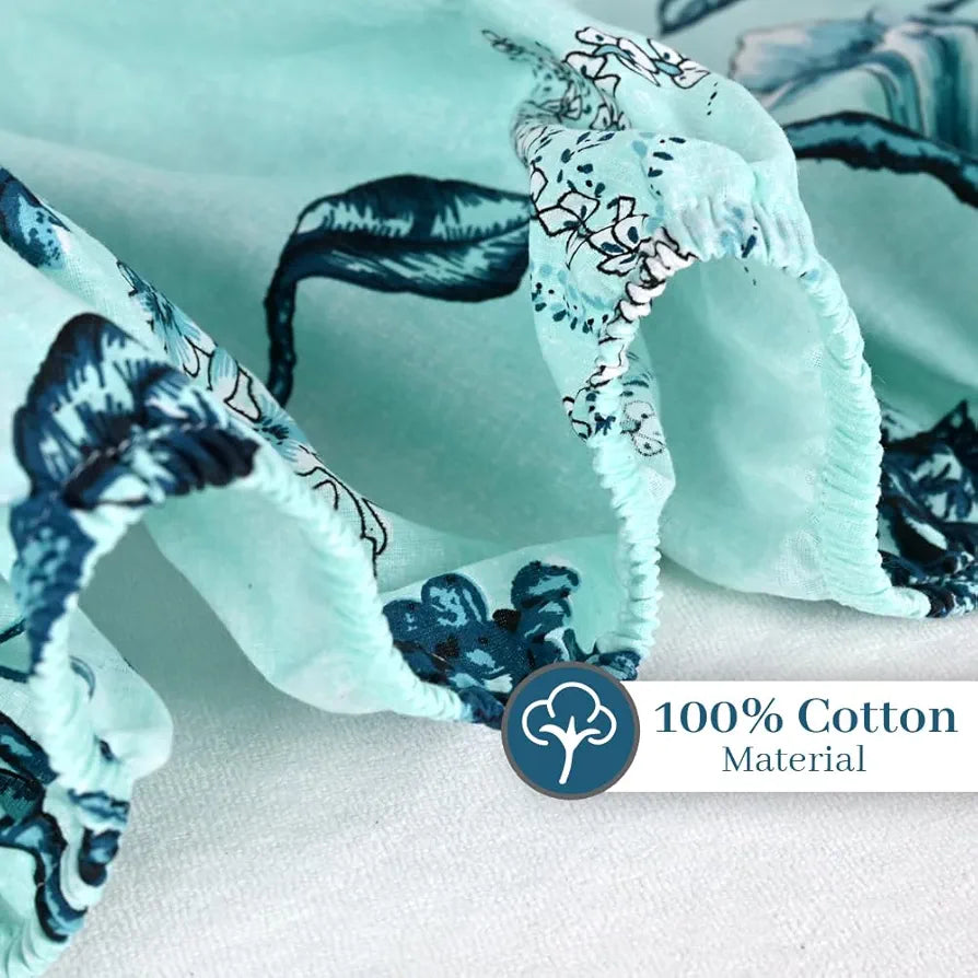 Divine Casa Floret 100% Cotton Double Fitted Bedsheet 144 TC Colour Winter Fern