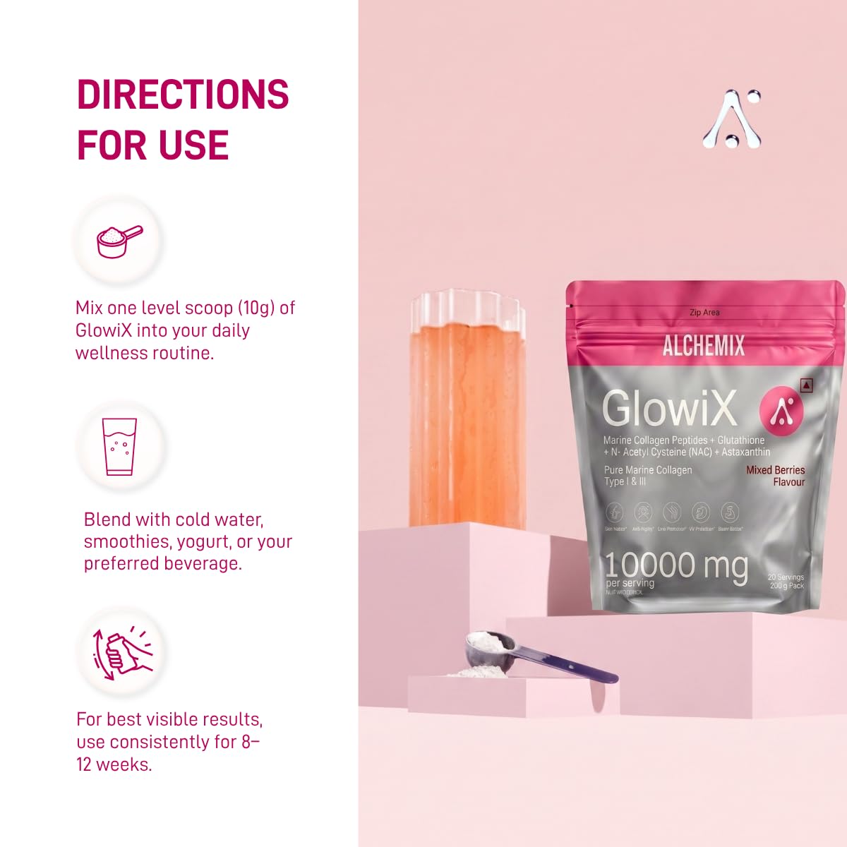 "8000mg Korean Marine Collagen Powder with Glutathione, Astaxanthin & NAC | Hydrolyzed Type 1 & 3 Collagen Peptides | Supports Skin Glow, Hair, Nails & Joints | Mixed Berries Flavour | 200g | 20 Servings | Alchemix Glowix"