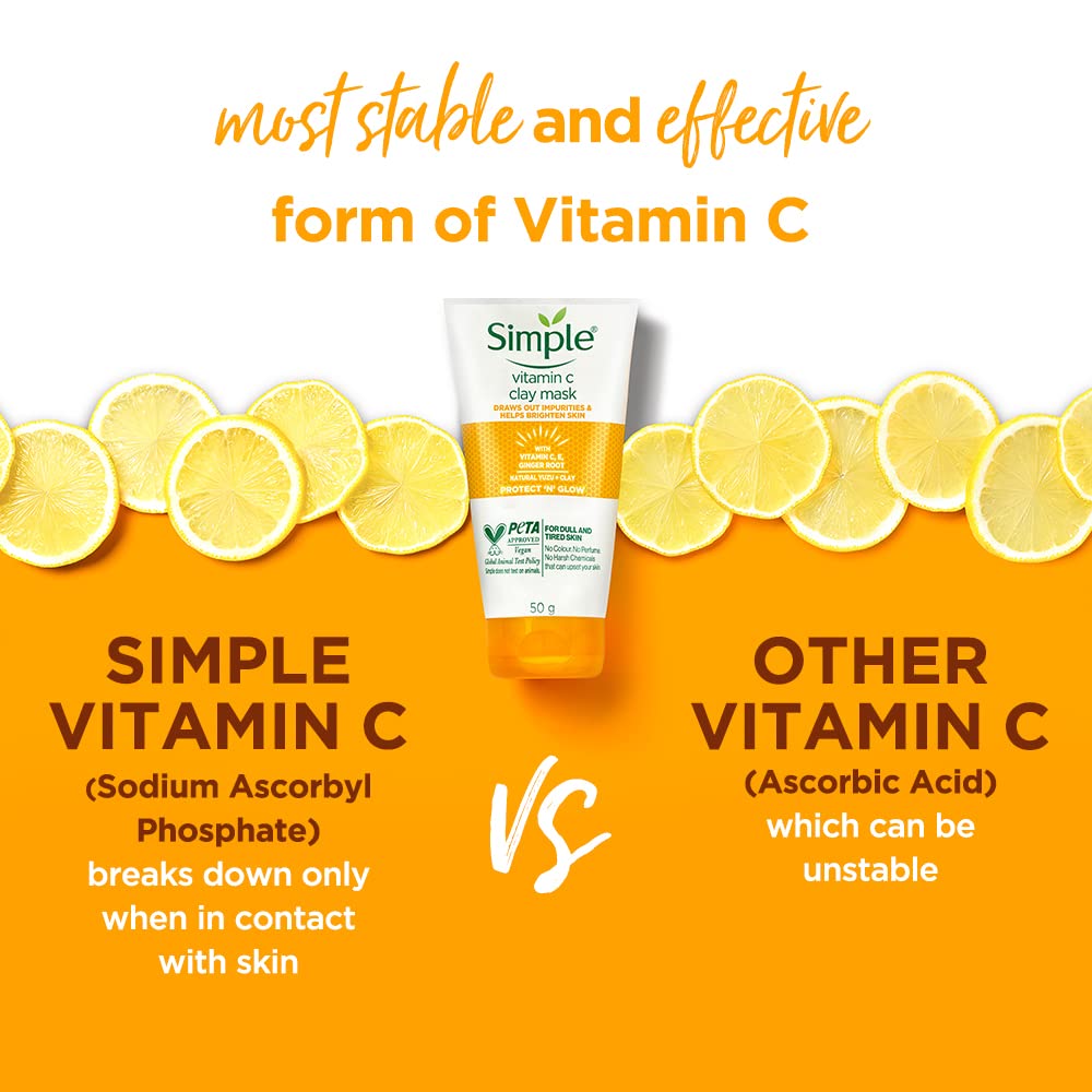 Simple Protect N Glow Vitamin C Brighten Clay Mask| With Yuzu Lemon| For all Skin Types| No Colour|| Perfume| No Harsh Chemicals & Parabens| Tested on Sensitive Skin|| 150 ml