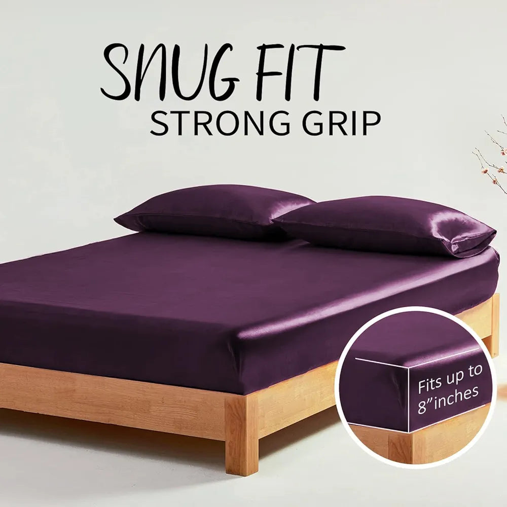 Cloth Fusion Solid 280 TC Satin Elastic Fitted Bedsheet for Double Bed King Size with 2 Pillow Covers Wine