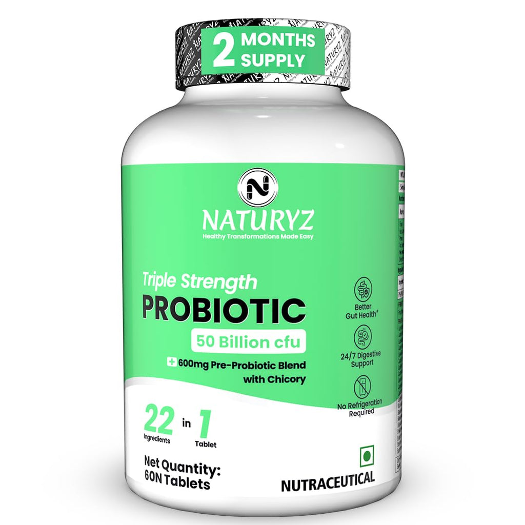 NATURYZ Triple Strength Probiotic 50 Billion CFU with Pre-Probiotic 600mg | Chicory Root | 22 Nutrients for Gut Health | Supports Digestion, Constipation, Gas & Bloating | No Refrigeration | 60 Tablets