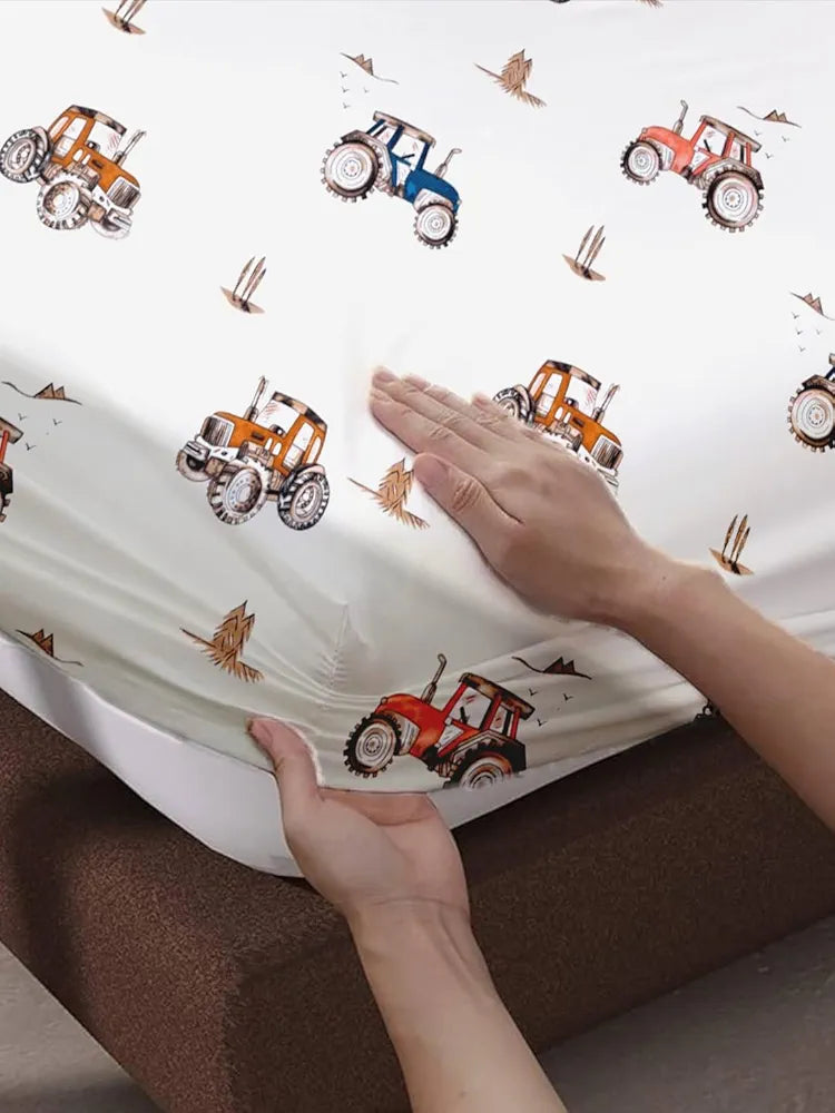 Trance Home Linen 180TC 100% Cotton 78"x72" Standard King Size Elastic Fitted Kids Bedsheet Printed King Bed Size with 2 Pillow Covers Colour Car Orange