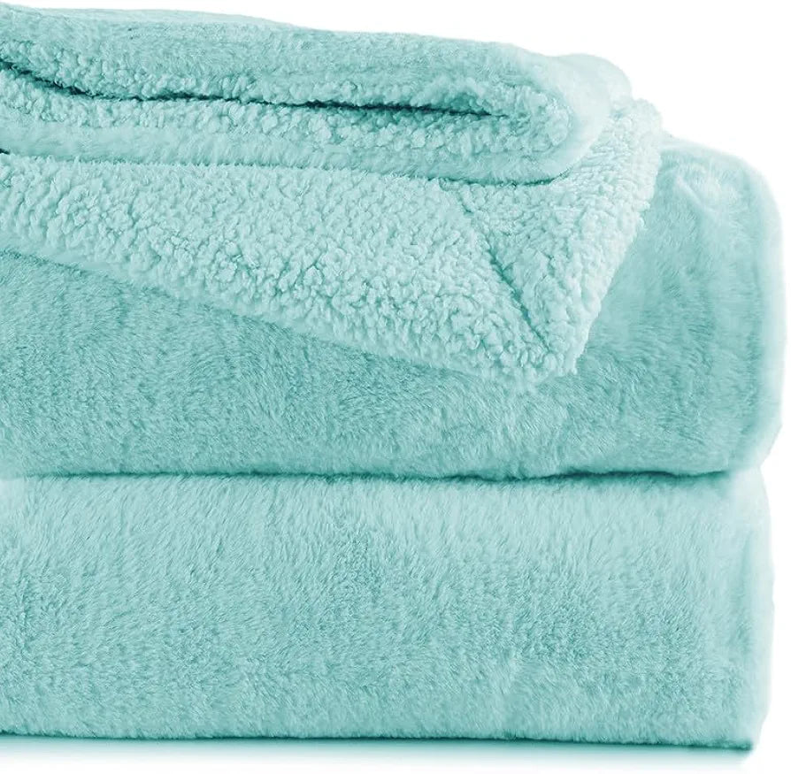 Homekart Faux Rabbit Fur with Sherpa Luxurious Soft Reversible Blanket for Single Size Bed 500GSM Blanket Color- Aqua