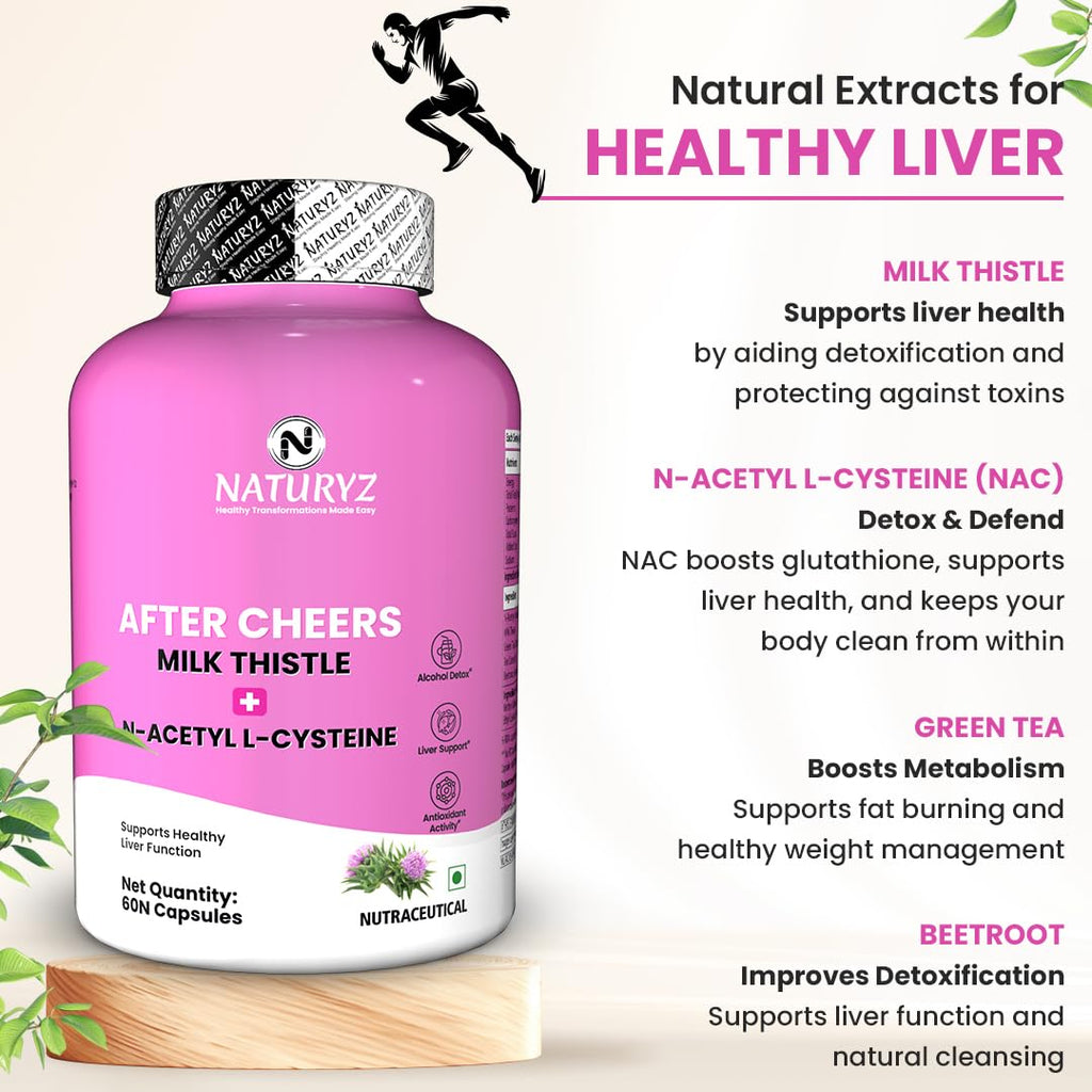 NATURYZ After Cheers Liver & Alcohol Detox Supplement with Milk Thistle, N-Acetyl Cysteine (NAC), Green Tea & Beetroot | Advanced Liver Health, Hangover Recovery | Helps detox After Drinking | 60 Vegetarian Capsules