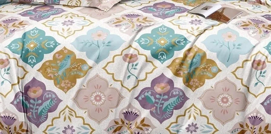 The Home Style Cotton Feel Glace Cotton Elastic Fitted All Around Printed King Size Double Bed Bedsheet wih 2 Pillow Cover Vanilla Haze