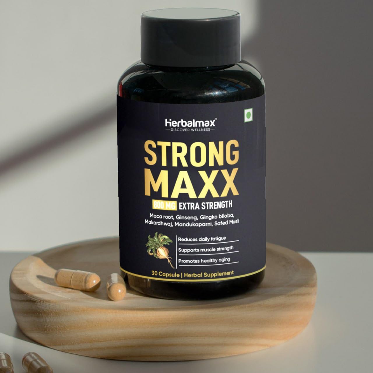 Herbal Max Strong Maxx Maca Root Capsules â€“ 800 mg | 30 Vegetarian Capsules | Natural Energy & Vitality Booster | Ayurvedic Supplement for Men & Women