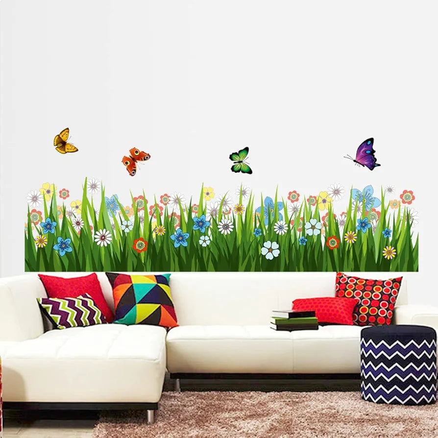 Rangoli Walking in The Garden Flower Wall Sticker New Modern Art Butterflies Flying Over Grass Large Reusable Self-Adhesive Sticker