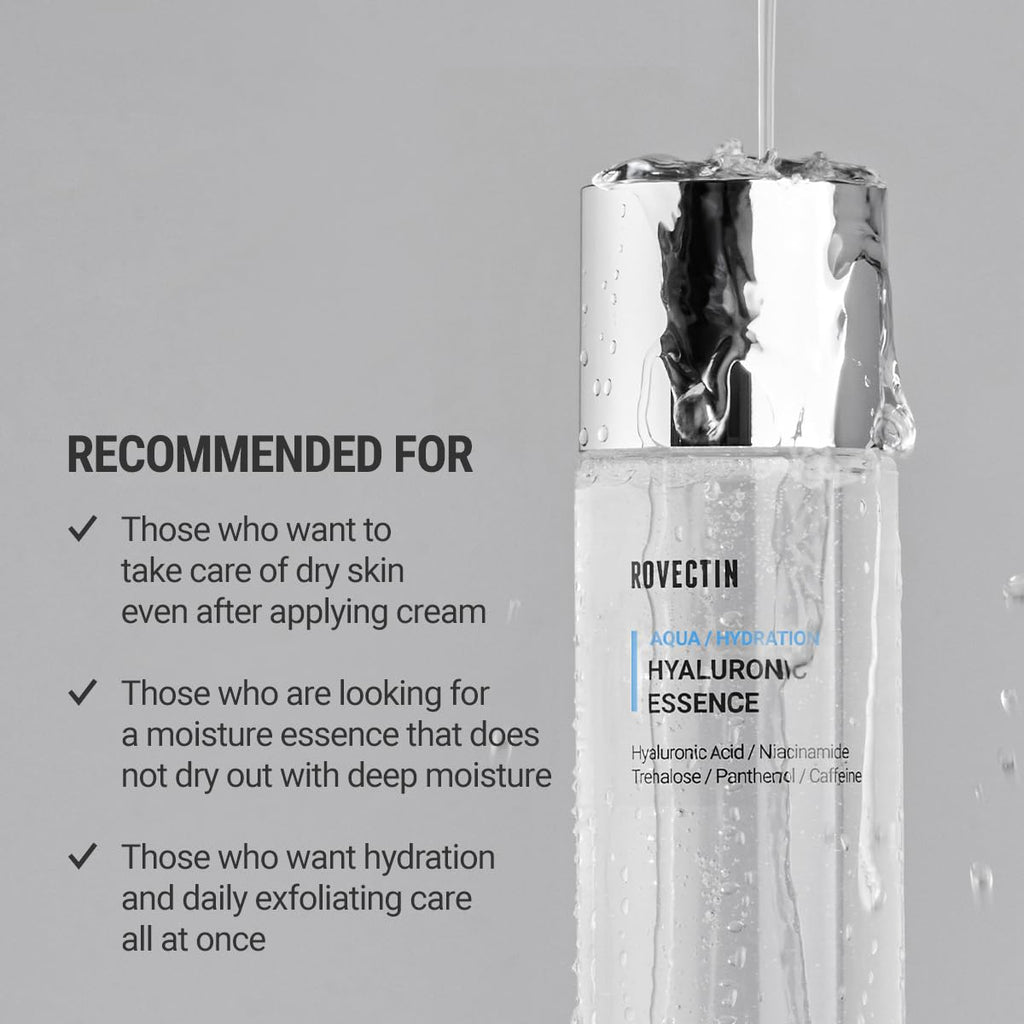 ROVECTIN Aqua Hyaluronic Essence (Activating Treatment Lotion) - 7 Layers Hyaluronic Acid Facial Toner with Niacinamide & Panthenol, Vegan Korean Skin Care (3.38 fl.oz, 100ml)