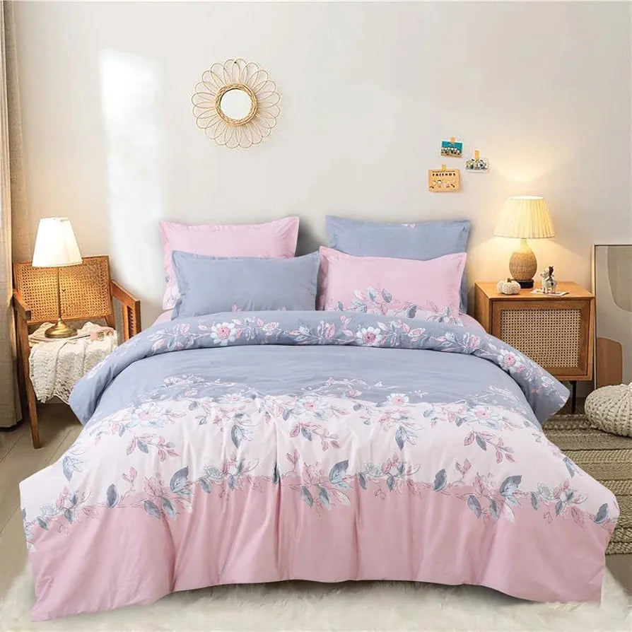 The Home Style 400 TC Cotton Elastic Fitted All Around Printed Queen Size Double Bed Bedsheet wih 2 Pillow Cover Pink Lavender
